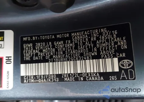 2016 Toyota Corolla S Plus z USA, uszkodzony, nr VIN 2T1BURHE2GC632483